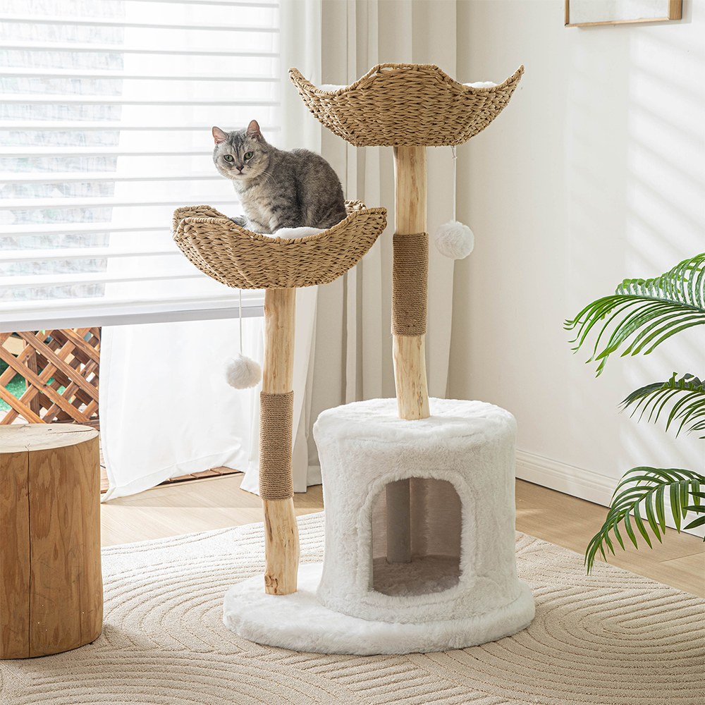 Modern Cat Tree Tower for Large Cats, Real Branch Luxury Cat Condo, Wood Cat Scratching Tree, Cat Lover Gifts