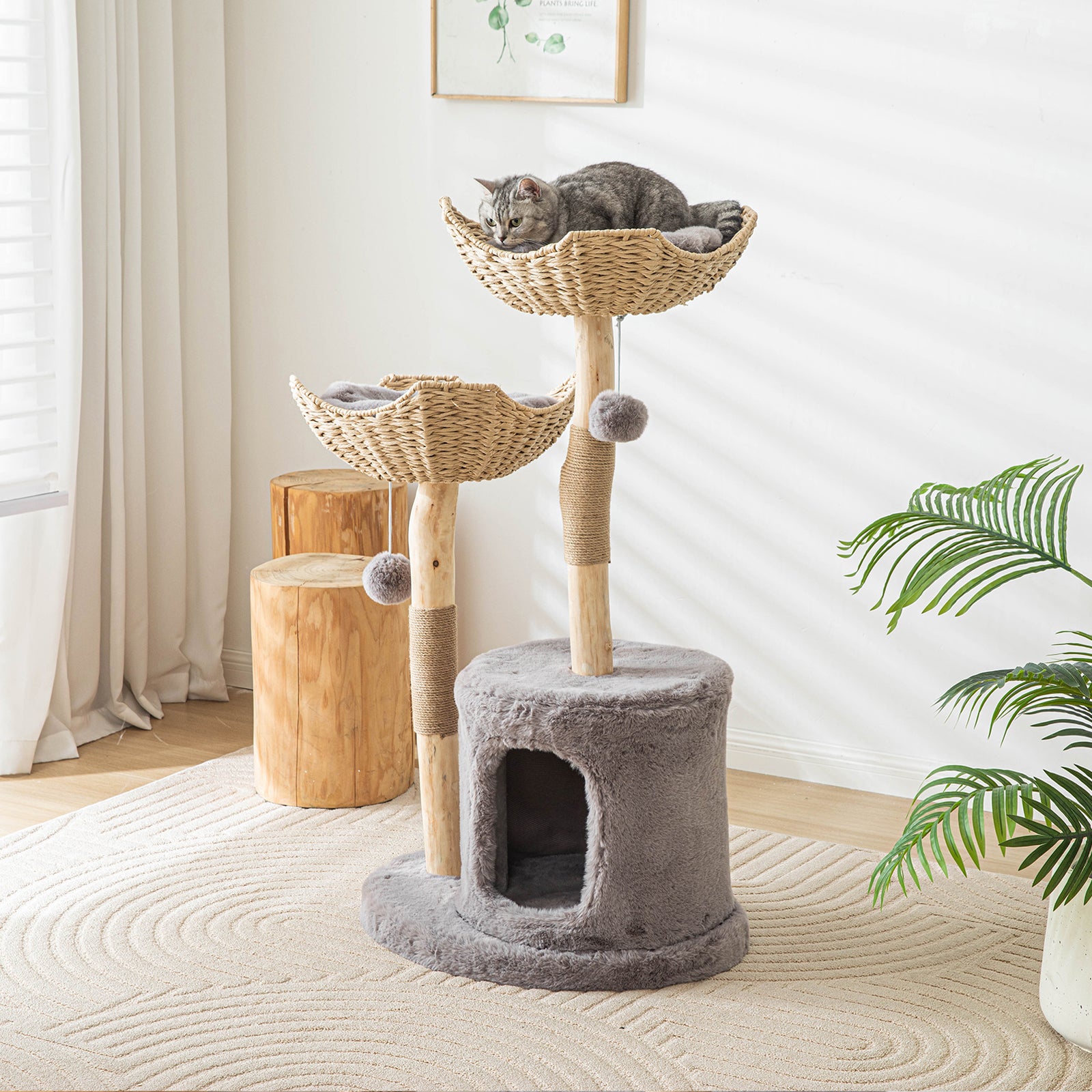 Modern Cat Tree Tower for Large Cats, Real Branch Luxury Cat Condo, Wood Cat Scratching Tree, Cat Lover Gifts