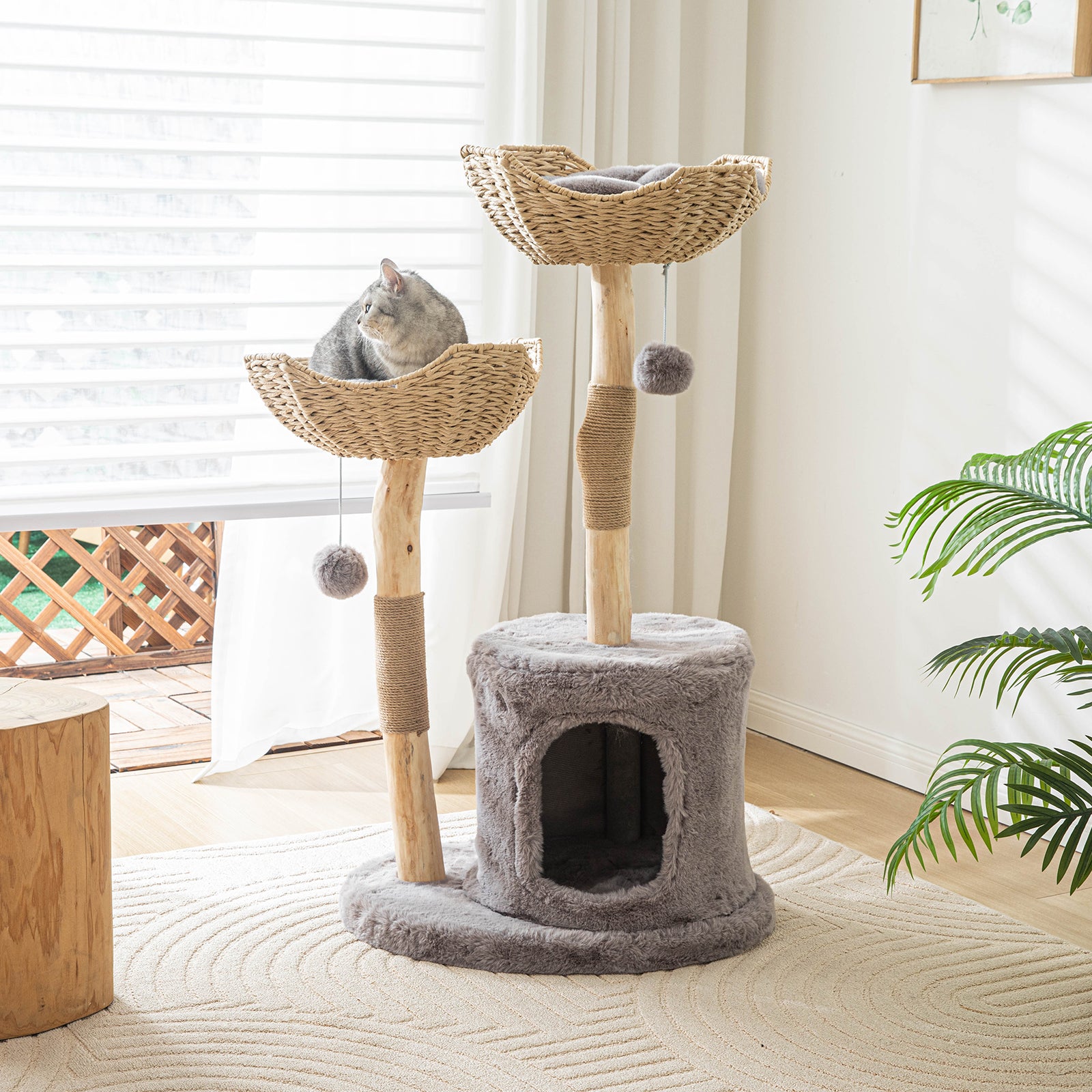 Modern Cat Tree Tower for Large Cats, Real Branch Luxury Cat Condo, Wood Cat Scratching Tree, Cat Lover Gifts