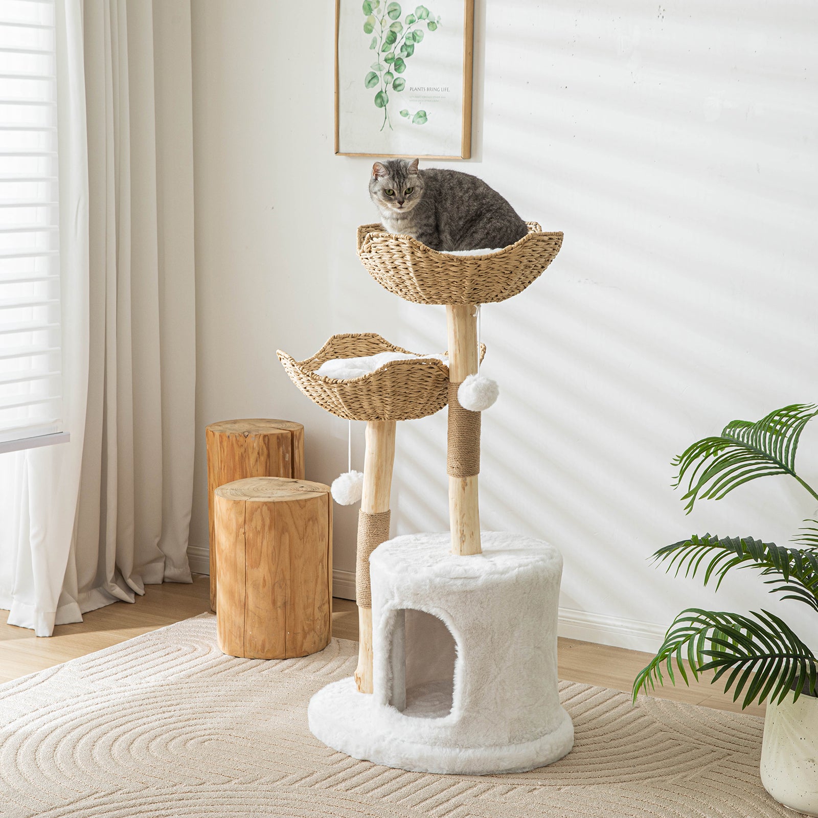 Modern Cat Tree Tower for Large Cats, Real Branch Luxury Cat Condo, Wood Cat Scratching Tree, Cat Lover Gifts